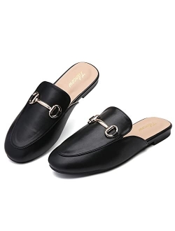 Tilocow Buckle Mules for Women Round Toe Backless Flat Mules Slides Mules Shoes Ladies Slip-on Loafers