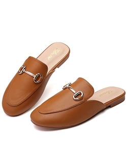 Tilocow Buckle Mules for Women Round Toe Backless Flat Mules Slides Mules Shoes Ladies Slip-on Loafers