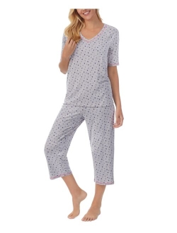 Printed Elbow-Sleeve Top & Cropped Pants Pajama Set