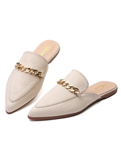 Tilocow Chain Mules Backless Flat Mules Comfortable Slides Mules Shoes Ladies Slip-on Loafers