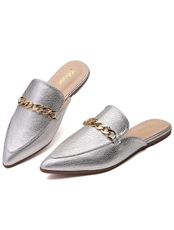 Tilocow Chain Mules Backless Flat Mules Comfortable Slides Mules Shoes Ladies Slip-on Loafers