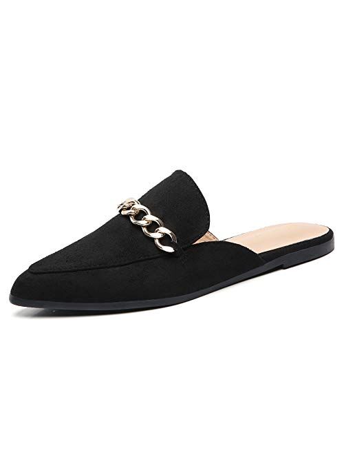 Tilocow Chain Mules Backless Flat Mules Comfortable Slides Mules Shoes Ladies Slip-on Loafers