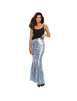 ReneeCho Mermaid Tail Skirt Adult Women Halloween Costume Shiny Stretchy Maxi Skirts Role Play - Waist Pearl Chain Included