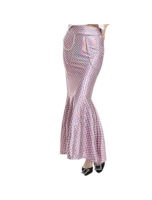 ReneeCho Mermaid Tail Skirt Adult Women Halloween Costume Shiny Stretchy Maxi Skirts Role Play - Waist Pearl Chain Included