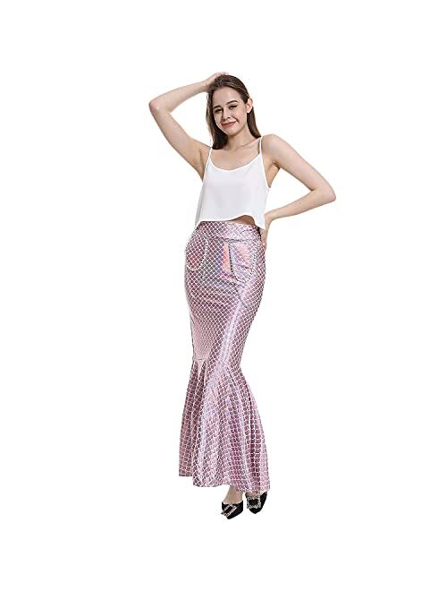 ReneeCho Mermaid Tail Skirt Adult Women Halloween Costume Shiny Stretchy Maxi Skirts Role Play - Waist Pearl Chain Included