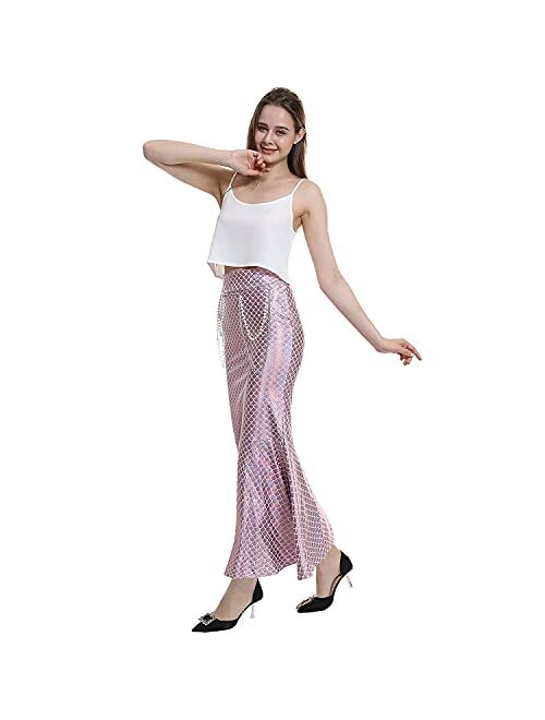 ReneeCho Mermaid Tail Skirt Adult Women Halloween Costume Shiny Stretchy Maxi Skirts Role Play - Waist Pearl Chain Included