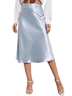 Women's Party Sexy Satin Split Side Basic Zipper Mid Waist Trumpet Midi Skirt