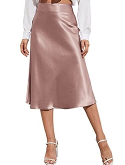 Women's Party Sexy Satin Split Side Basic Zipper Mid Waist Trumpet Midi Skirt