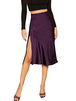 Women's Party Sexy Satin Split Side Basic Zipper Mid Waist Trumpet Midi Skirt