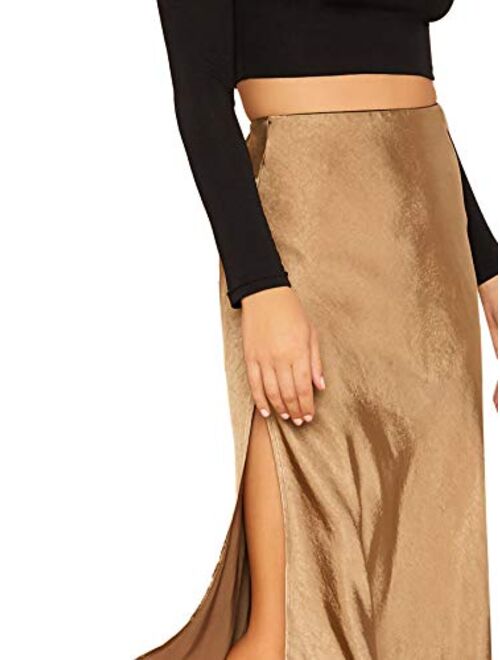 SheIn Women's Party Sexy Satin Split Side Basic Zipper Mid Waist Trumpet Midi Skirt