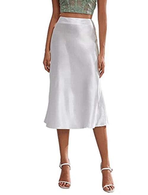 SheIn Women's Party Sexy Satin Split Side Basic Zipper Mid Waist Trumpet Midi Skirt