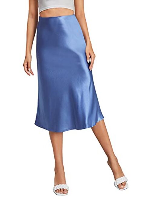 SheIn Women's Party Sexy Satin Split Side Basic Zipper Mid Waist Trumpet Midi Skirt