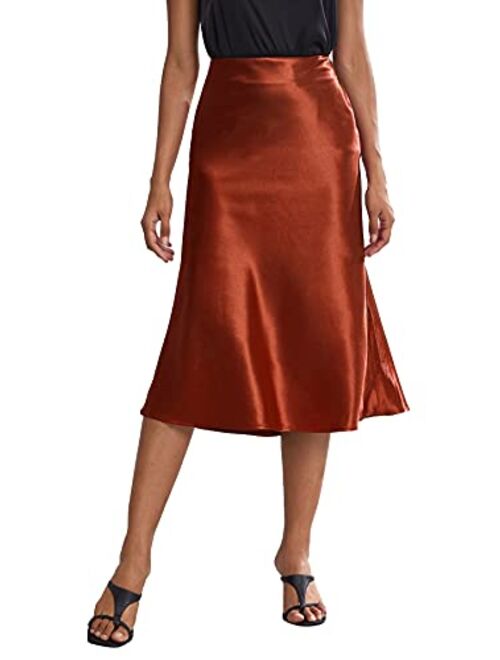 SheIn Women's Party Sexy Satin Split Side Basic Zipper Mid Waist Trumpet Midi Skirt