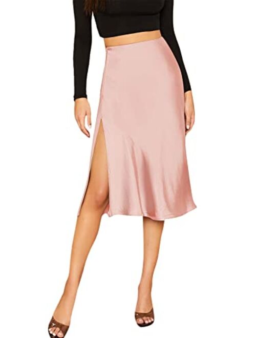 SheIn Women's Party Sexy Satin Split Side Basic Zipper Mid Waist Trumpet Midi Skirt