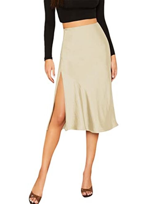 SheIn Women's Party Sexy Satin Split Side Basic Zipper Mid Waist Trumpet Midi Skirt