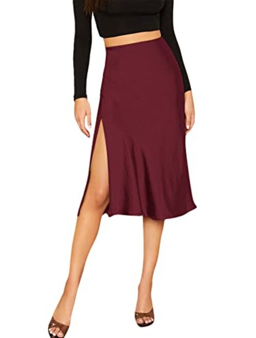 SheIn Women's Party Sexy Satin Split Side Basic Zipper Mid Waist Trumpet Midi Skirt