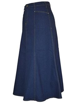 Ice Cool Ladies Long Gored Flared Indigo Stretch Denim Skirt - Sizes 4 to 22. in 30" and 35" Length