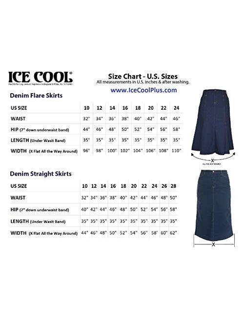 Ice Cool Ladies Long Gored Flared Indigo Stretch Denim Skirt - Sizes 4 to 22. in 30" and 35" Length