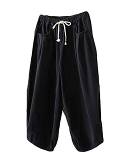 Minibee Women's Casual Pants Wide Leg Baggy Tapered Drawstring Elastic Waist Ankle Trousers with Pockets