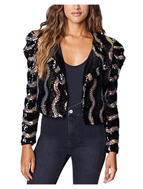 [BLANKNYC] Women's Sequin Puff Sleeve Cropped Open Jacket, Comfortable & Stylish Coat