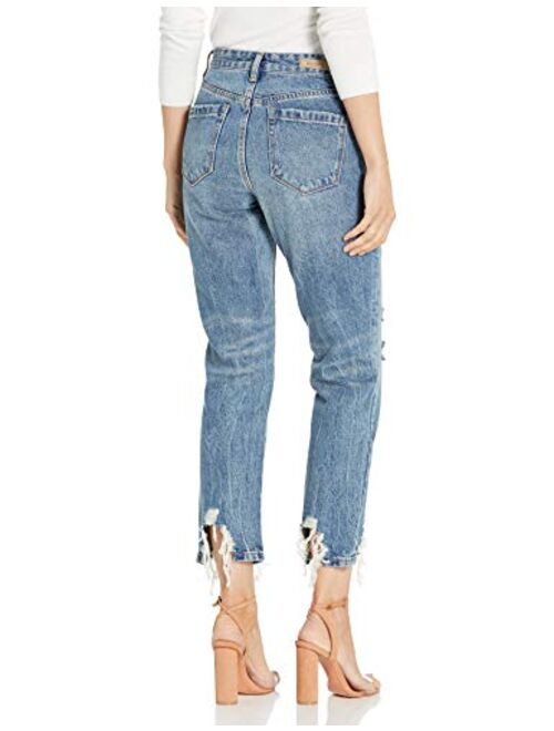 [BLANKNYC] womens High Rise Crop With Fray Hem Finish Detail and Destruction Jeans, Blue