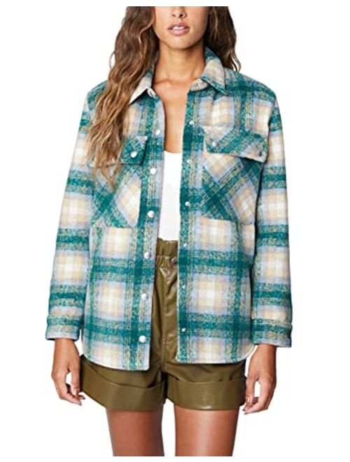 [BLANKNYC] womens Oversized Plaid Flannel Shacket, Comfortable Long Sleeve & Stylish Shirt Jacket