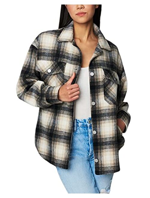 [BLANKNYC] Women's Luxury Oversized Snap Front Plaid Shacket, Comfortable & Casual Jacket Shirt