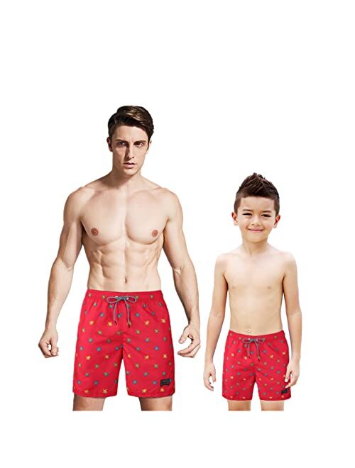 Yubikwete Father and Son Swimtrunks Quick Dry Family Matching Drawsting Closed Boardshort Side Pocket Lightweight with Mesh Lining