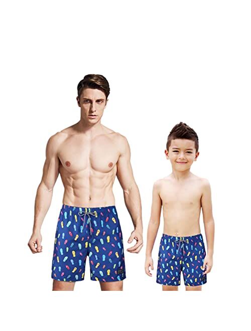 Yubikwete Father and Son Swimtrunks Quick Dry Family Matching Drawsting Closed Boardshort Side Pocket Lightweight with Mesh Lining