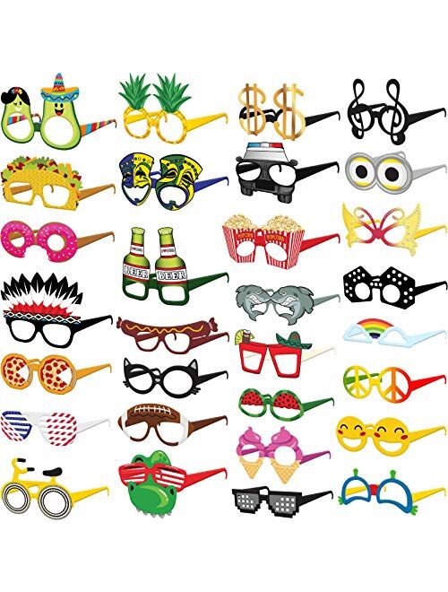 Pixipy Funny Paperboard Photo Booth Props Glasses - 30-Pack Paper Party Glasses for Adults and Kids - Fun Novelty Party Favors Accessories for Birthdays, Luau and Summer 