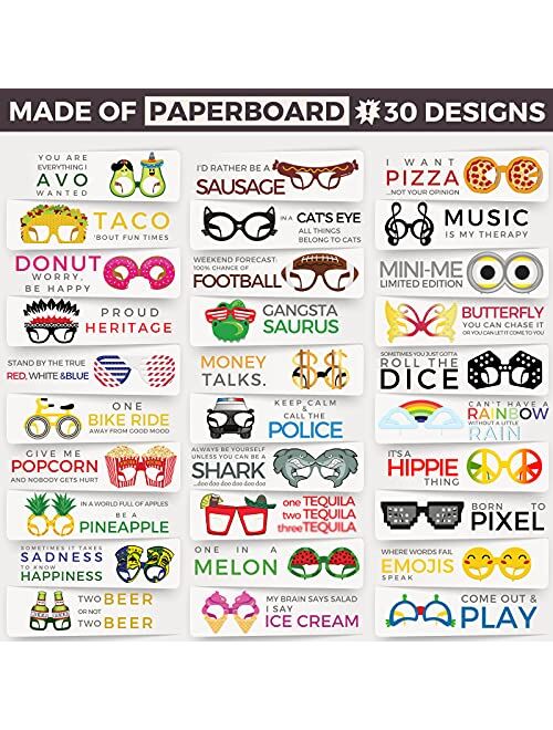 Pixipy Funny Paperboard Photo Booth Props Glasses - 30-Pack Paper Party Glasses for Adults and Kids - Fun Novelty Party Favors Accessories for Birthdays, Luau and Summer 