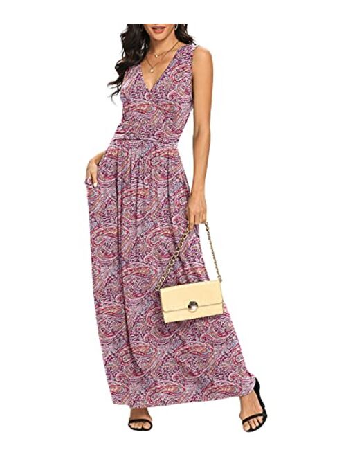 LILBETTER Women Sleeveless Deep V Neck Loose Plain Long Maxi Casual Dress