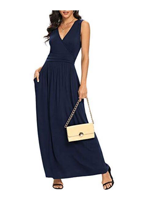 LILBETTER Women Sleeveless Deep V Neck Loose Plain Long Maxi Casual Dress