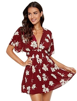 Women's Ditsy Floral Plunge Neck Knot Front A Line Short Dress