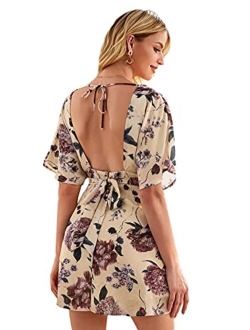 Women's Ditsy Floral Plunge Neck Knot Front A Line Short Dress