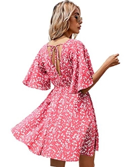 Women's Ditsy Floral Plunge Neck Knot Front A Line Short Dress