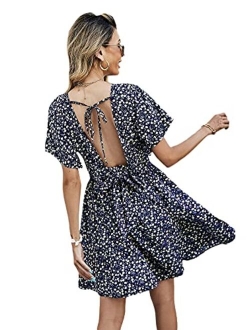 Women's Ditsy Floral Plunge Neck Knot Front A Line Short Dress