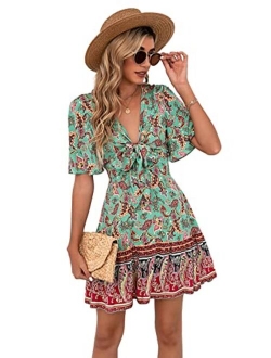 Women's Ditsy Floral Plunge Neck Knot Front A Line Short Dress