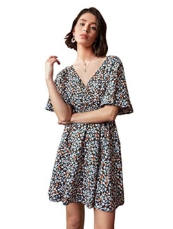 Women's Ditsy Floral Plunge Neck Knot Front A Line Short Dress