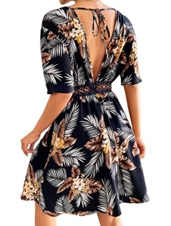 Women's Ditsy Floral Plunge Neck Knot Front A Line Short Dress