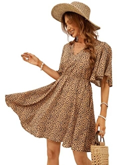 Women's Ditsy Floral Plunge Neck Knot Front A Line Short Dress