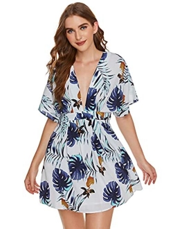 Women's Ditsy Floral Plunge Neck Knot Front A Line Short Dress