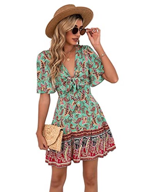 Floerns Women's Ditsy Floral Plunge Neck Knot Front A Line Short Dress