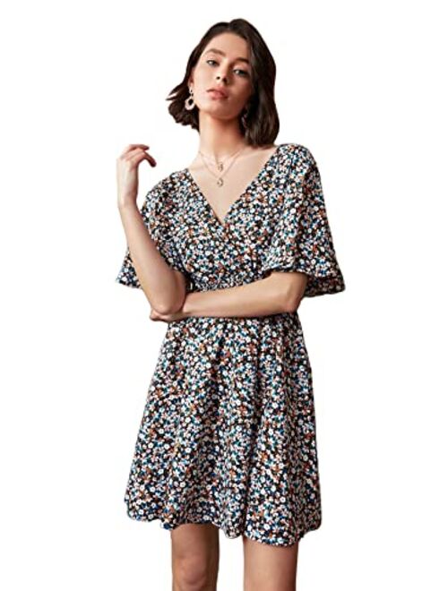 Floerns Women's Ditsy Floral Plunge Neck Knot Front A Line Short Dress