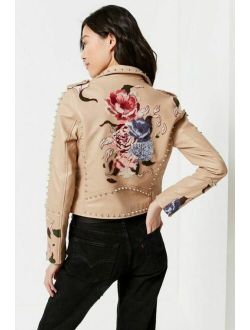 Embroidered Studded Moto Faux Leather Jacket, Tan, Size Small