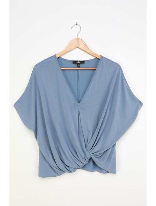 Lulus What A Twist Dusty Blue Twist Front Dolman Sleeve Top