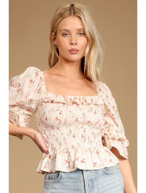 Lulus It's a Real Love Beige Floral Print Smocked Ruffled Top