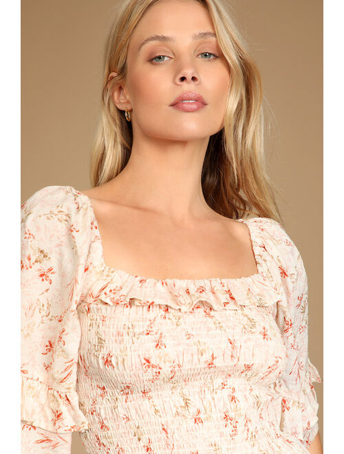 Lulus It's a Real Love Beige Floral Print Smocked Ruffled Top