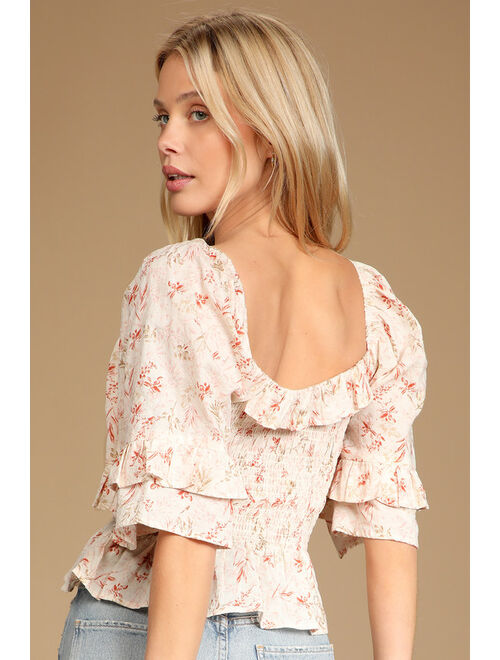 Lulus It's a Real Love Beige Floral Print Smocked Ruffled Top