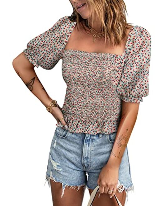 Acelitt Women's Puff Short Sleeve Peplum Top V Neck Smocked Blouses Dressy Shirt